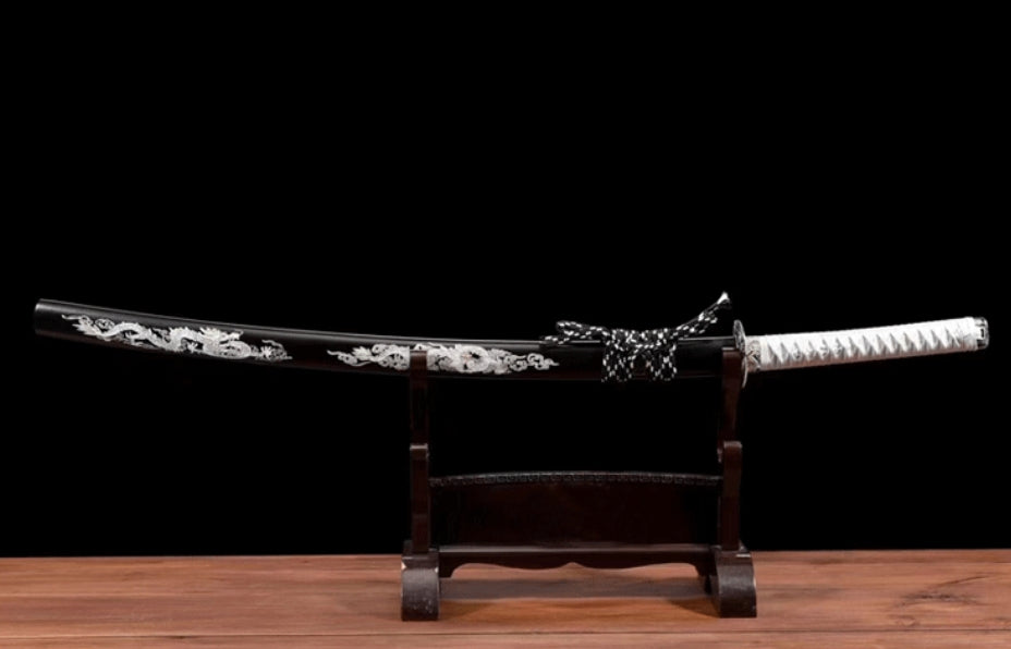White Dragon's Roar Anime Katana, Manganese Steel with Lacquered Wood Sheath, 103cm Overall & 73cm Blade, Lightweight Design