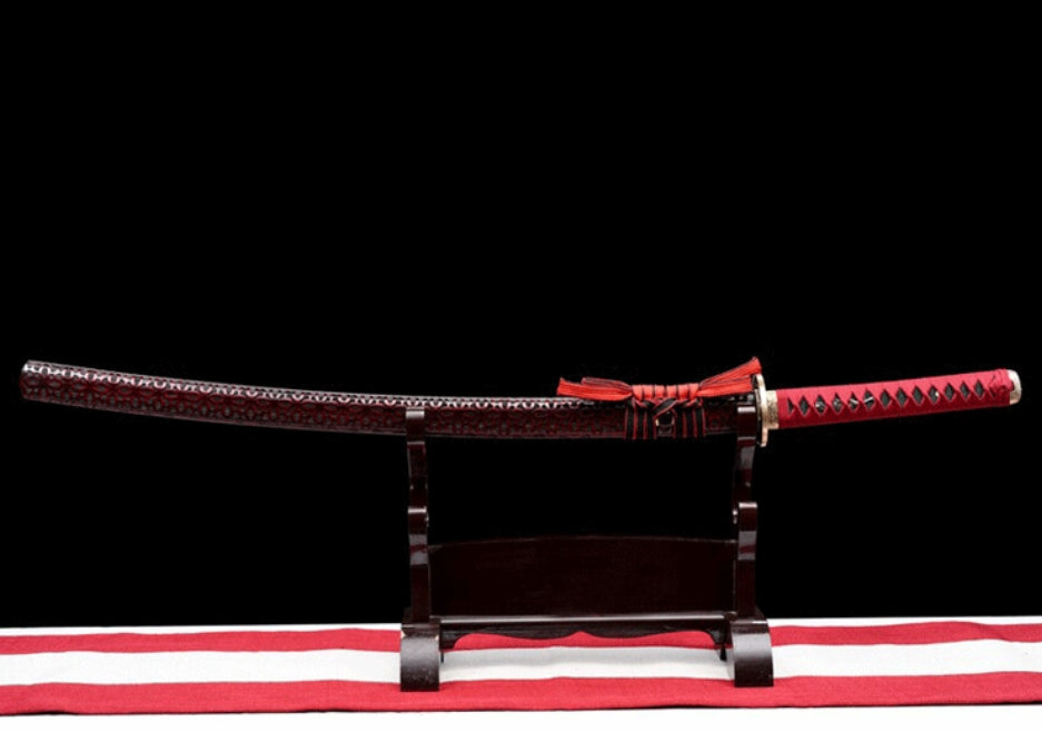 Red Princess - Anime Style Collectible Katana, Pattern Steel Blade, Hand-Carved Lacquered Wood Saya, 103cm Overall, Lightweight 1.3kg