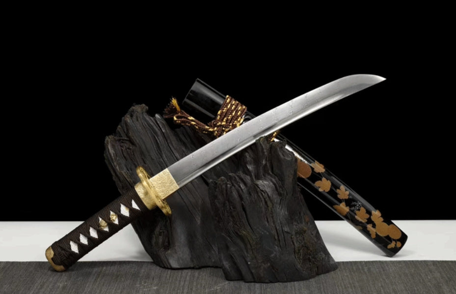 Chrysanthemum Pattern Steel Wakizashi - Movie Style Japanese Short Sword, Pattern Steel Blade with Lacquered Wood Saya, 55cm Compact Collectible