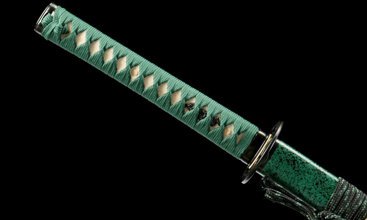 "Azure Ripple" Clover Damascus Katana | Iron Fittings & Genuine Ray Skin Handle | Hand-Forged No.670Battle-ready katana