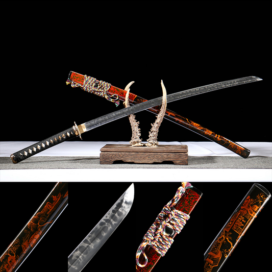 Casket Gold 26-inch T10 Steel Yakiiro Katana | Imitated Lacquered Sheath, Gilded Copper Fittings | Clay-Tempered Full-Tang Blade, Collector's Iaido Sword,Functional samurai sword