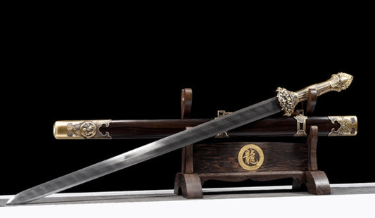 Sacred Flame Dragon God Sword - Pattern Steel Forged Chinese Greatsword, Premium Ebony Wood Sheath, 106cm Overall, Masterpiece for Display & Collection