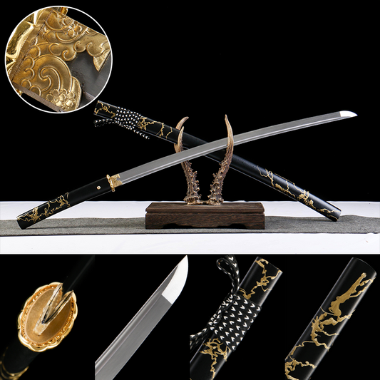 Sheep Hoof Mountain Soul Midnight Gilding 26-inch Iaido Katana | 1065 Steel Precision Tempered | Solid Wood Piano Lacquer Finish | Collector's Grade Hand-Forged Sword,Functional samurai sword