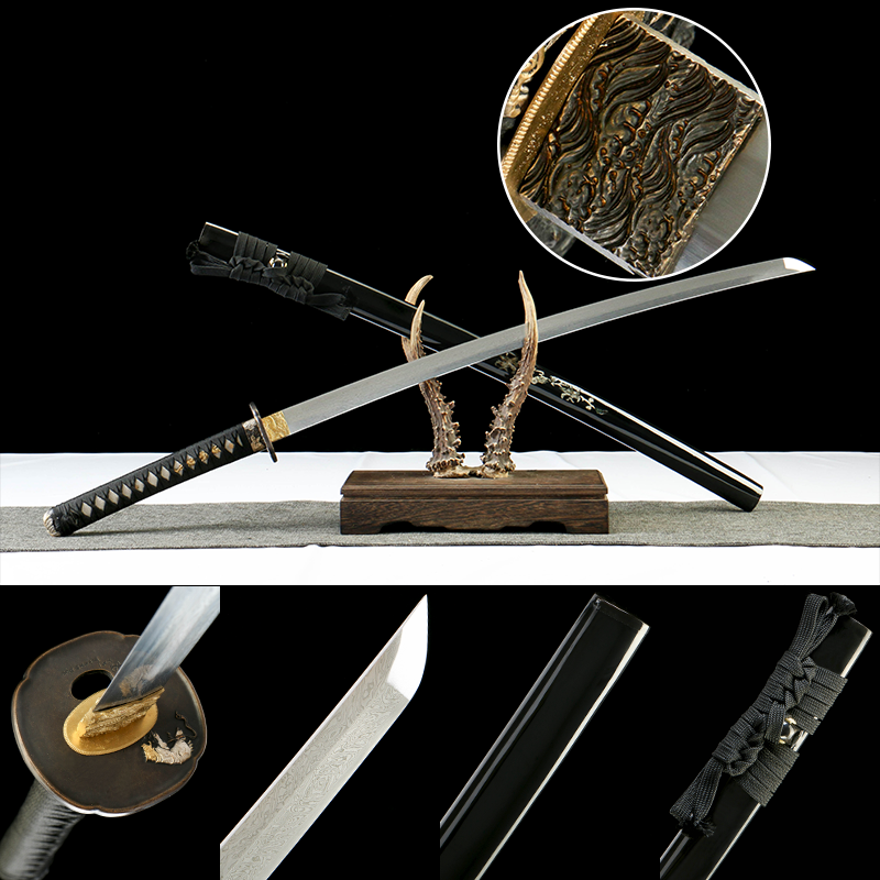 "Hunting Sword" Damascus Katana - 28.3" Clover Pattern Blade | Gold/Silver Plated Fittings | Premium Horn & Shell Saya | Limited Edition No.1410,Hand-forged katana