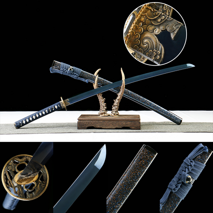 "Azure Roar" 1065 Blued Katana - 28.3" Wave-Pattern Blade | Qingpi Wood Saya | Zinc Alloy Fittings | No.410,Hand-forged katana