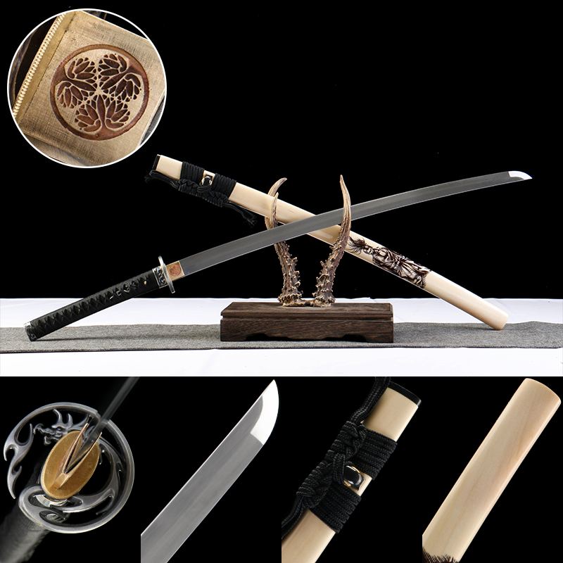 Tranquil Radiance 26-inch Katana with Wooden Dragon Carving | 1060 Steel Precision Tempering | Genuine Ray Skin Handle & Alpine Hardwood Sheath | Collector's Hand-Forged Sword,Functional samurai sword