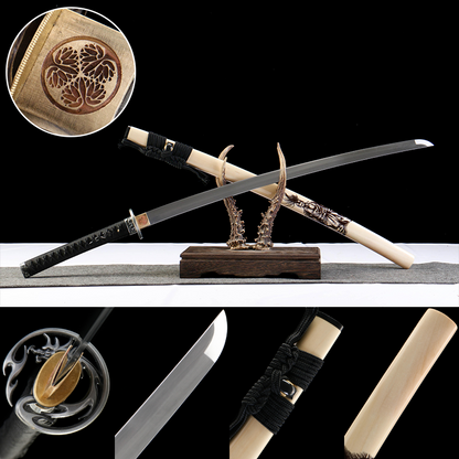 Tranquil Radiance 26-inch Katana with Wooden Dragon Carving | 1060 Steel Precision Tempering | Genuine Ray Skin Handle & Alpine Hardwood Sheath | Collector's Hand-Forged Sword,Functional samurai sword
