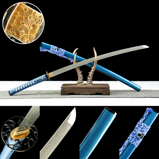 "Azure Flow" 28.3" Damascus Clover Pattern Katana | Chinese Pistache Scabbard & Genuine Ray Skin Handle | Iron Fittings | No.670Battle-ready katana