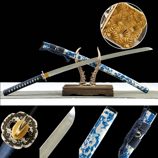 2025 NEW "Ocean Shadow" Hand-Forged Katana Sword - T10 Clay-Tempered Hamon/Japanese Gold Foil Lacquer Sheath - Copper Fittings with Gold & Silver Inlay - Oil-Quenched & Tempered (40.5" Overall) No.2450Battle-ready katana