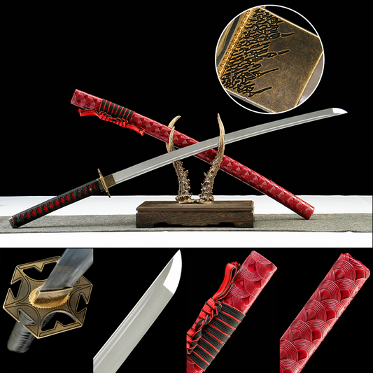 "Abyssal Flame" 1065 High Carbon Steel Katana - Oil Quenched & Tempered/Blue Stained Hardwood Sheath - Zinc Alloy Fittings (40.5" Overall) Handcrafted No.370Battle-ready katana