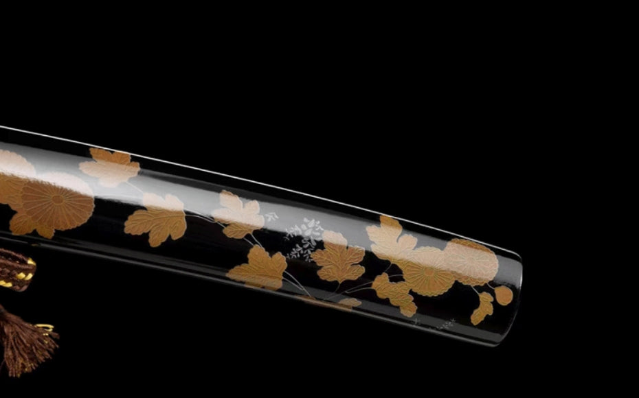 Chrysanthemum Pattern Steel Wakizashi - Movie Style Japanese Short Sword, Pattern Steel Blade with Lacquered Wood Saya, 55cm Compact Collectible