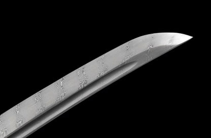 Chrysanthemum Pattern Steel Wakizashi - Movie Style Japanese Short Sword, Pattern Steel Blade with Lacquered Wood Saya, 55cm Compact Collectible