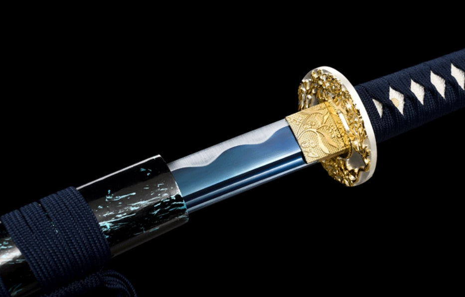 Golden Butterfly Dance Katana - Japanese Sword with Blue-Tempered Mid-Carbon Steel Blade, Lacquered Wood Saya, 102cm Artistic Collectible for Display,Battle-ready katana