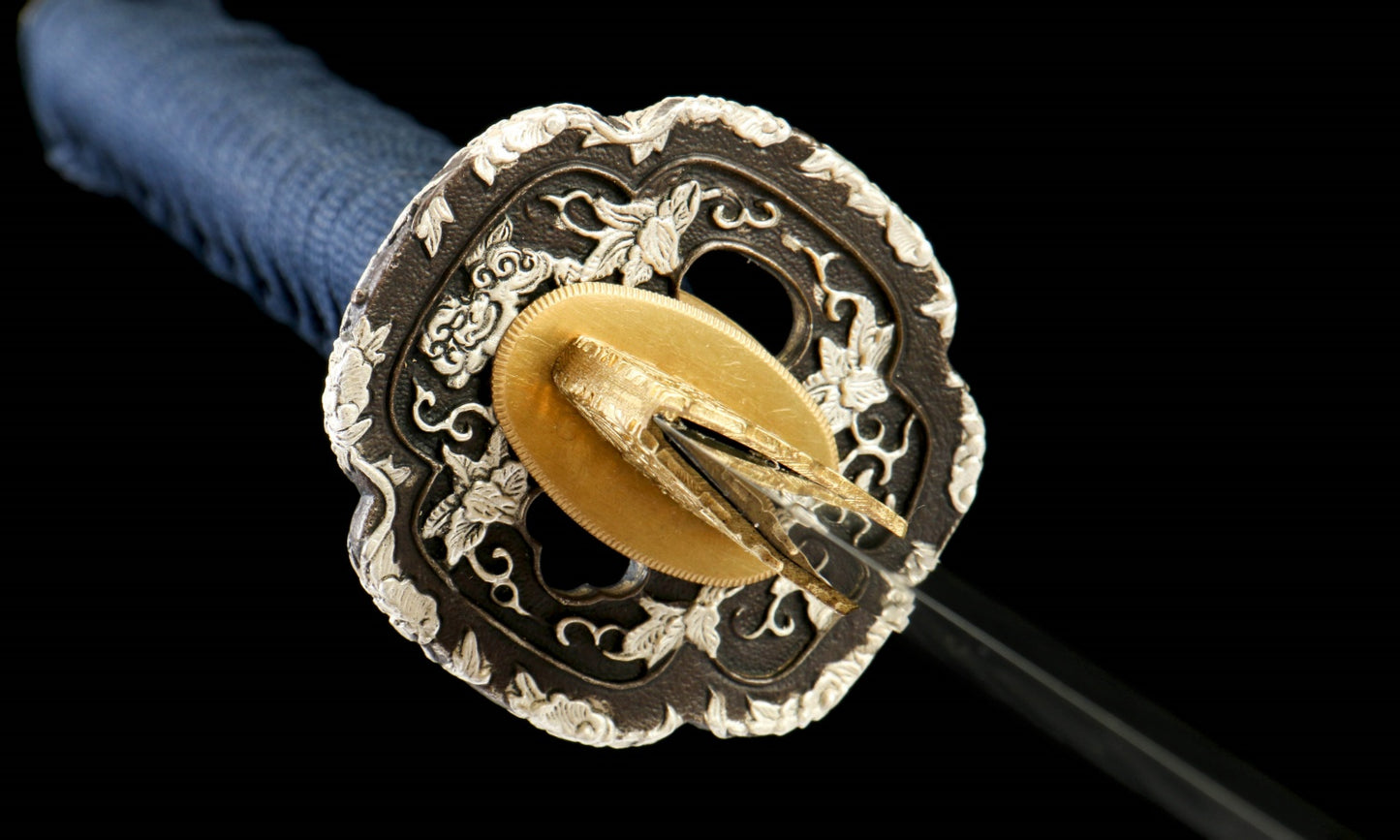 2025 NEW "Ocean Shadow" Hand-Forged Katana Sword - T10 Clay-Tempered Hamon/Japanese Gold Foil Lacquer Sheath - Copper Fittings with Gold & Silver Inlay - Oil-Quenched & Tempered (40.5" Overall) No.2450Battle-ready katana