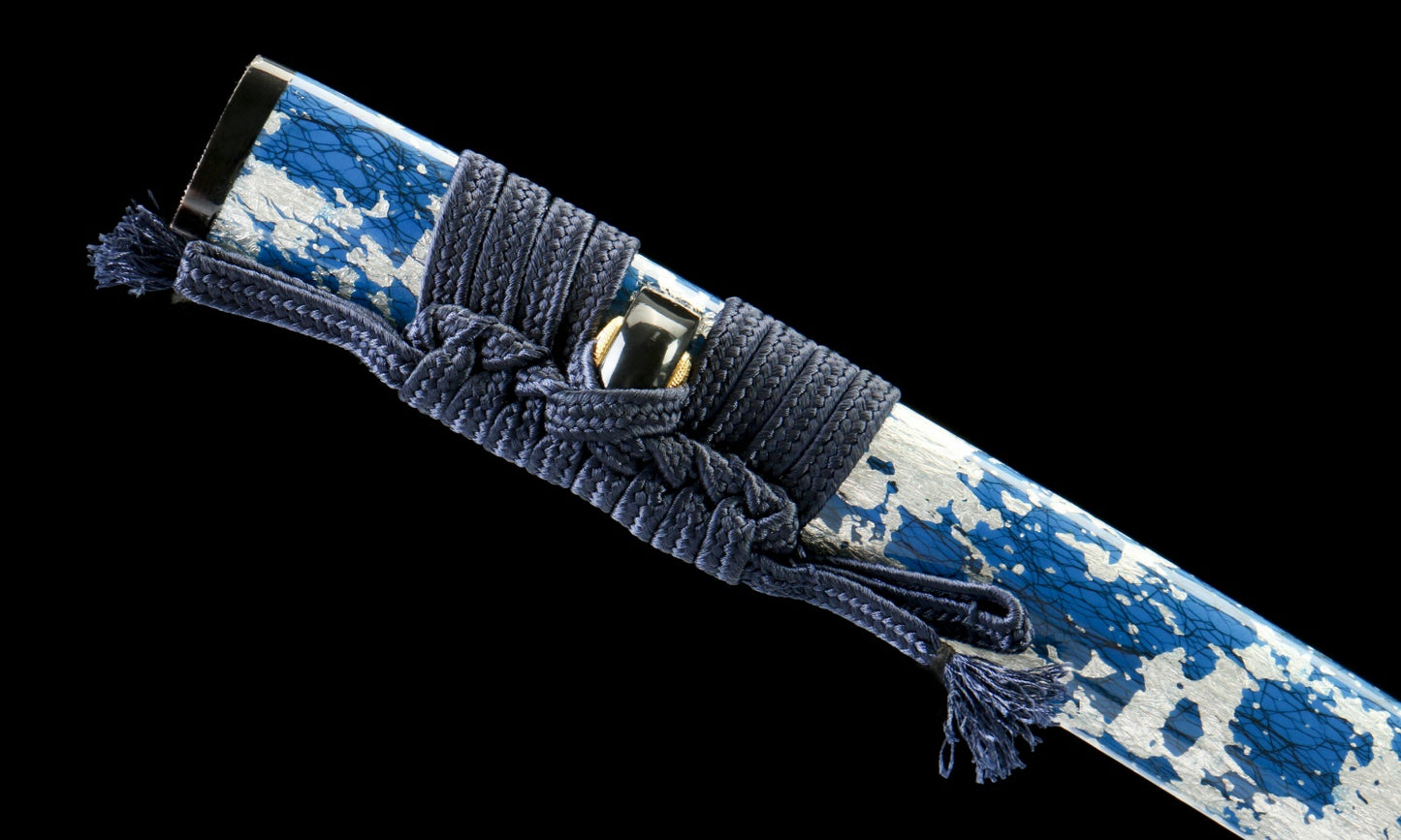 2025 NEW "Ocean Shadow" Hand-Forged Katana Sword - T10 Clay-Tempered Hamon/Japanese Gold Foil Lacquer Sheath - Copper Fittings with Gold & Silver Inlay - Oil-Quenched & Tempered (40.5" Overall) No.2450Battle-ready katana