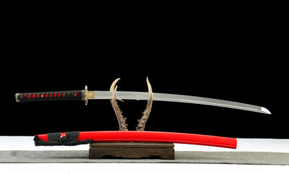 "Akahane" Hand-Forged Katana - 1065 High Carbon Steel Blade/Red-Grained Leatherwood Sheath - 40.5" Overall(28.3" Blade) - Oil Quenched & Tempered - Zinc Alloy Habaki - No.390Battle-ready katana