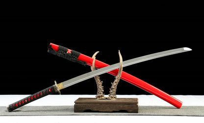 "Akahane" Hand-Forged Katana - 1065 High Carbon Steel Blade/Red-Grained Leatherwood Sheath - 40.5" Overall(28.3" Blade) - Oil Quenched & Tempered - Zinc Alloy Habaki - No.390Battle-ready katana