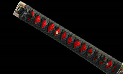 "Akahane" Hand-Forged Katana - 1065 High Carbon Steel Blade/Red-Grained Leatherwood Sheath - 40.5" Overall(28.3" Blade) - Oil Quenched & Tempered - Zinc Alloy Habaki - No.390Battle-ready katana