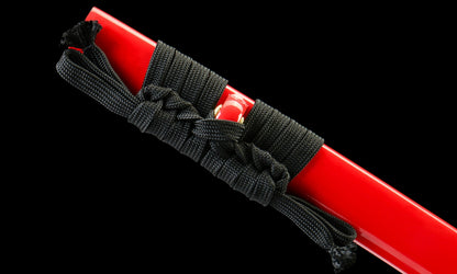 "Akahane" Hand-Forged Katana - 1065 High Carbon Steel Blade/Red-Grained Leatherwood Sheath - 40.5" Overall(28.3" Blade) - Oil Quenched & Tempered - Zinc Alloy Habaki - No.390Battle-ready katana