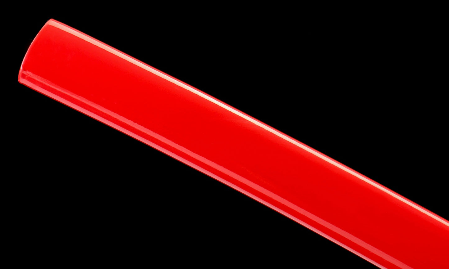 "Akahane" Hand-Forged Katana - 1065 High Carbon Steel Blade/Red-Grained Leatherwood Sheath - 40.5" Overall(28.3" Blade) - Oil Quenched & Tempered - Zinc Alloy Habaki - No.390Battle-ready katana