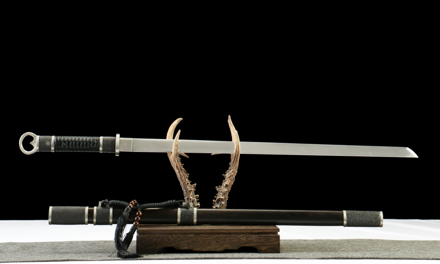 "Night Slash 7650" Japanese Katana - DC53 Steel Blade with Oil Tempering | Ebony Wood Saya & Copper Fittings | Hand-Forged Iaido Sword for Collection,Functional samurai sword