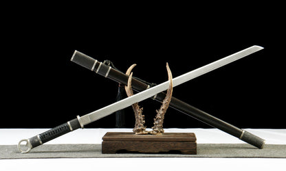 "Night Slash 7650" Japanese Katana - DC53 Steel Blade with Oil Tempering | Ebony Wood Saya & Copper Fittings | Hand-Forged Iaido Sword for Collection,Functional samurai sword