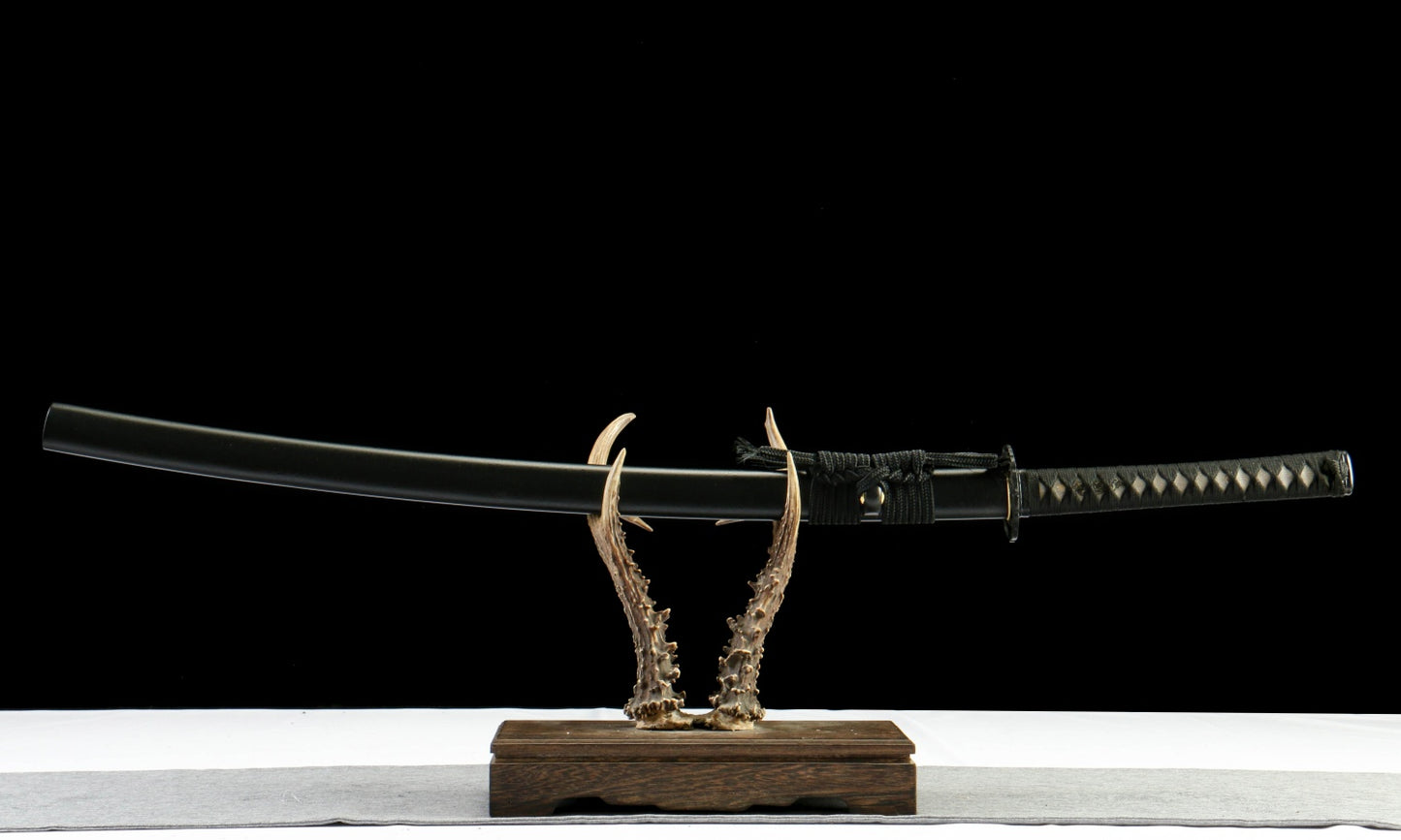 "Abyssal Peacock" T10 Hamon Katana - 28.3" Shadow Blade | Forged Iron Fittings with Obsidian Lacquered Saya | No.670Hand-forged katana