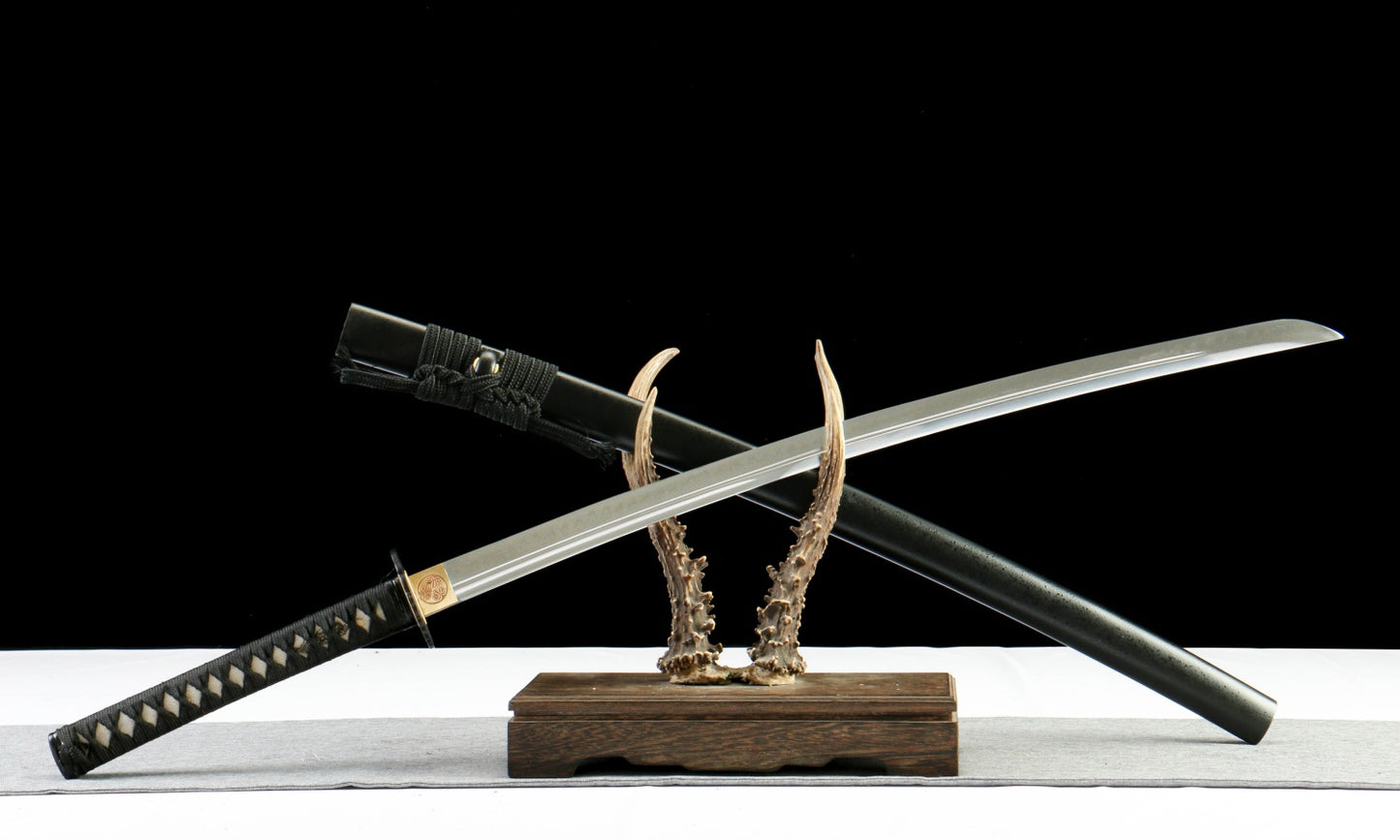 "Abyssal Peacock" T10 Hamon Katana - 28.3" Shadow Blade | Forged Iron Fittings with Obsidian Lacquered Saya | No.670Hand-forged katana