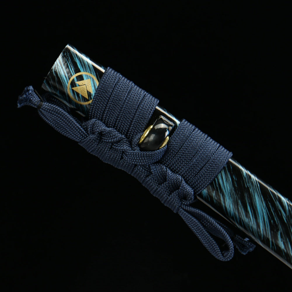 Ghost of Tsushima Katana - T10 Clay Tempered (Yakiba) Blade, Blue Bark Wood Saya, Anime Game Collectible, Model 610,Battle-ready katana