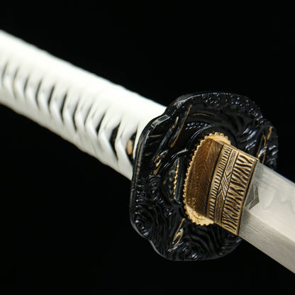 Ghost of Tsushima Katana - T10 Clay Tempered (Yakiba) Blade, Blue Bark Wood Saya, Anime Game Collectible, Model 610,Battle-ready katana