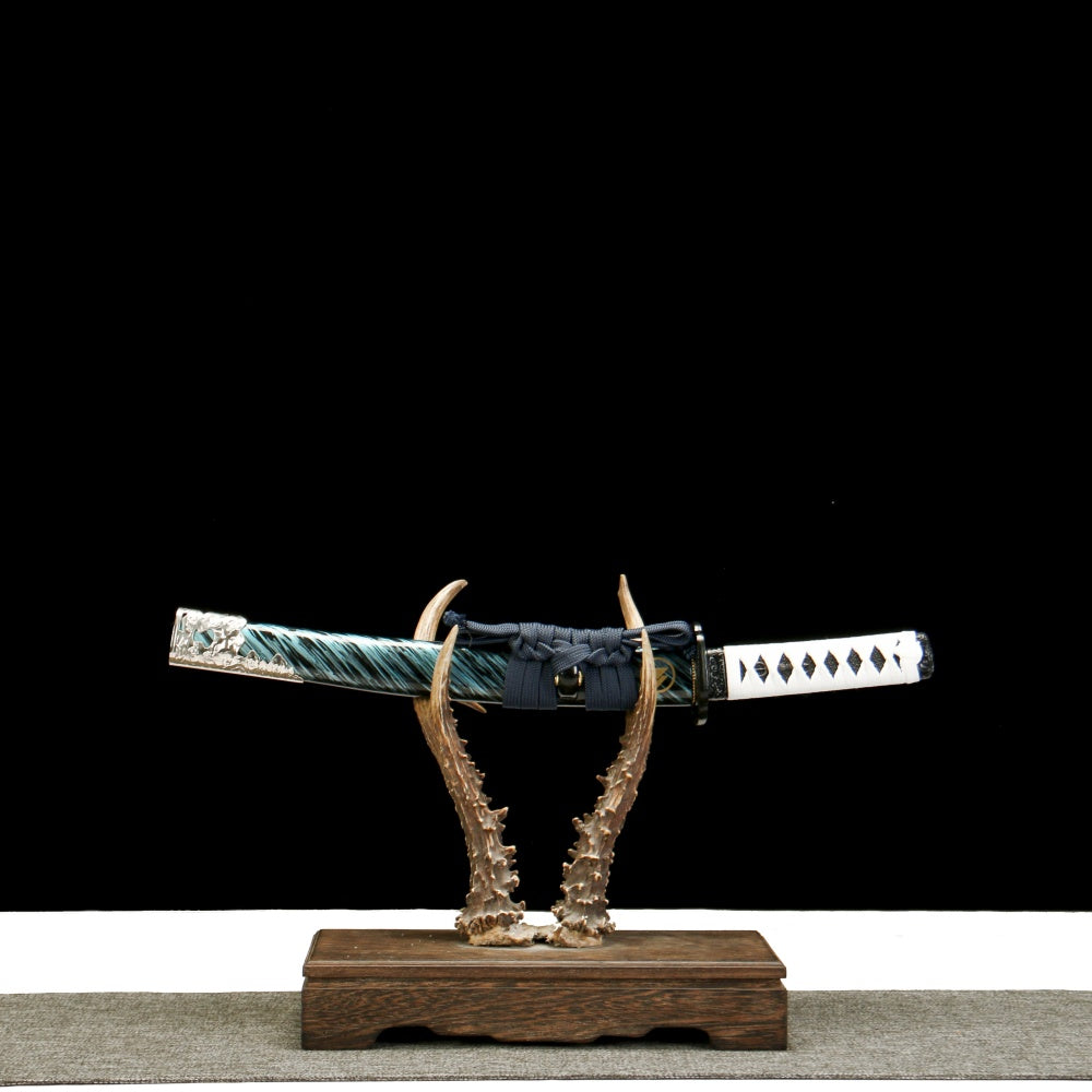 Ghost of Tsushima Katana - T10 Clay Tempered (Yakiba) Blade, Blue Bark Wood Saya, Anime Game Collectible, Model 610,Battle-ready katana