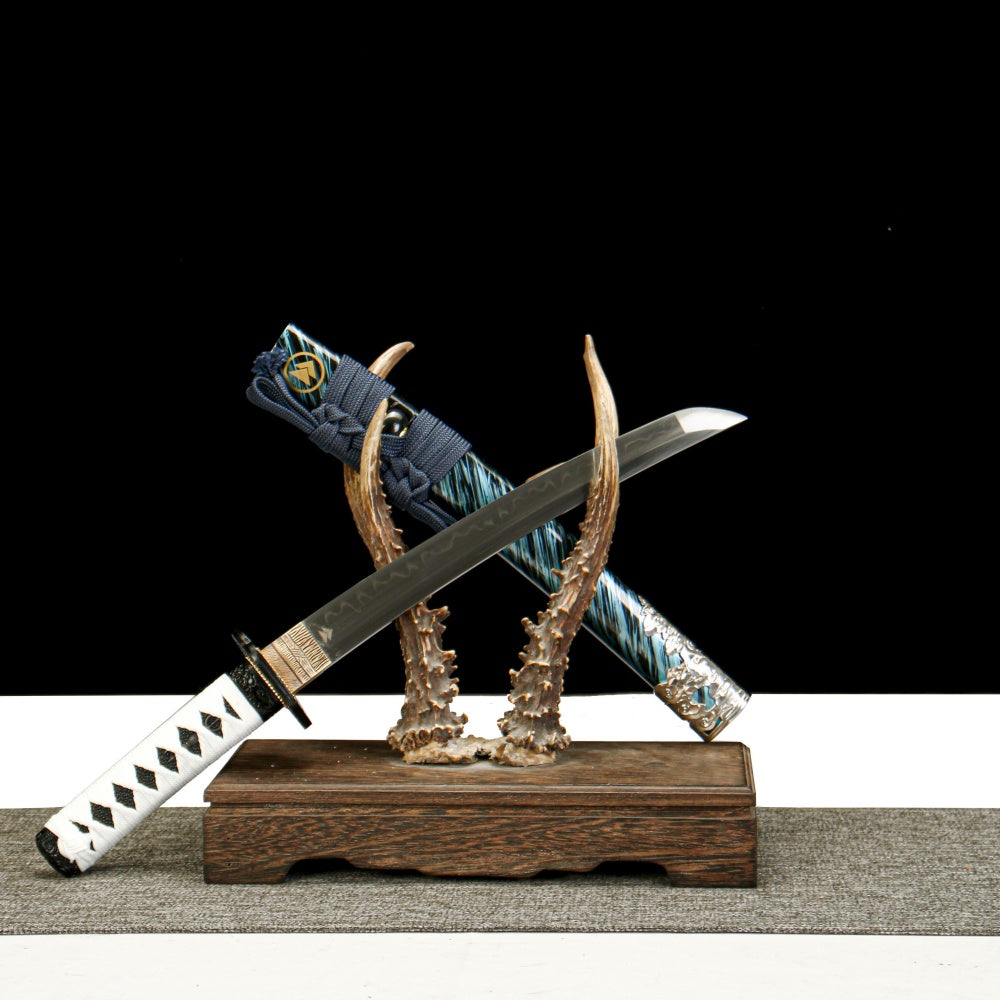 Ghost of Tsushima Katana - T10 Clay Tempered (Yakiba) Blade, Blue Bark Wood Saya, Anime Game Collectible, Model 610,Battle-ready katana