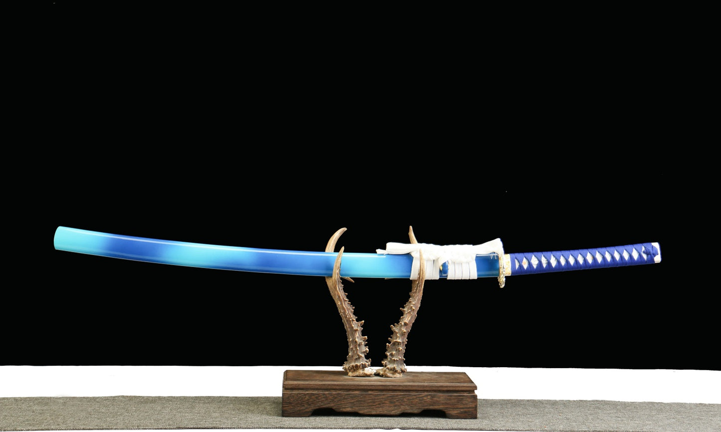 "Aoi Honō Cobalt Inferno" Katana - 28.3" Flame-Tempered 1065 High Carbon Steel | Anti-Corrosion Zinc Alloy | Charred Blue Bark Saya | 40.5" Fire Art Collection,Battle-ready katana