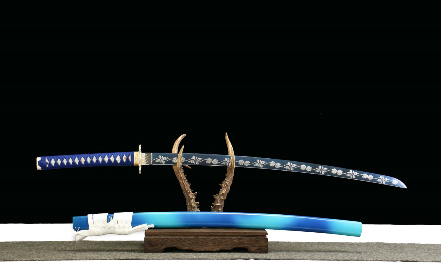 "Aoi Honō Cobalt Inferno" Katana - 28.3" Flame-Tempered 1065 High Carbon Steel | Anti-Corrosion Zinc Alloy | Charred Blue Bark Saya | 40.5" Fire Art Collection,Battle-ready katana