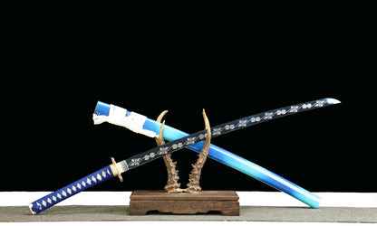 "Aoi Honō Cobalt Inferno" Katana - 28.3" Flame-Tempered 1065 High Carbon Steel | Anti-Corrosion Zinc Alloy | Charred Blue Bark Saya | 40.5" Fire Art Collection,Battle-ready katana
