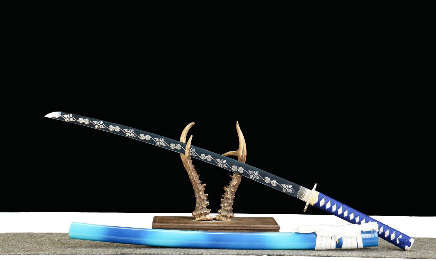 "Aoi Honō Cobalt Inferno" Katana - 28.3" Flame-Tempered 1065 High Carbon Steel | Anti-Corrosion Zinc Alloy | Charred Blue Bark Saya | 40.5" Fire Art Collection,Battle-ready katana