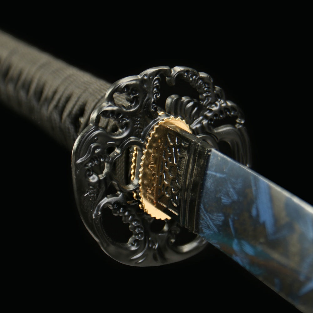 "Boya Dusk Fang" Katana - 28.3" Twilight-Forged 1045 Carbon Steel | Oxidation-Resistant Zinc Alloy | Weathered Blue Bark Saya | 40.5" Predator Collection,Battle-ready katana