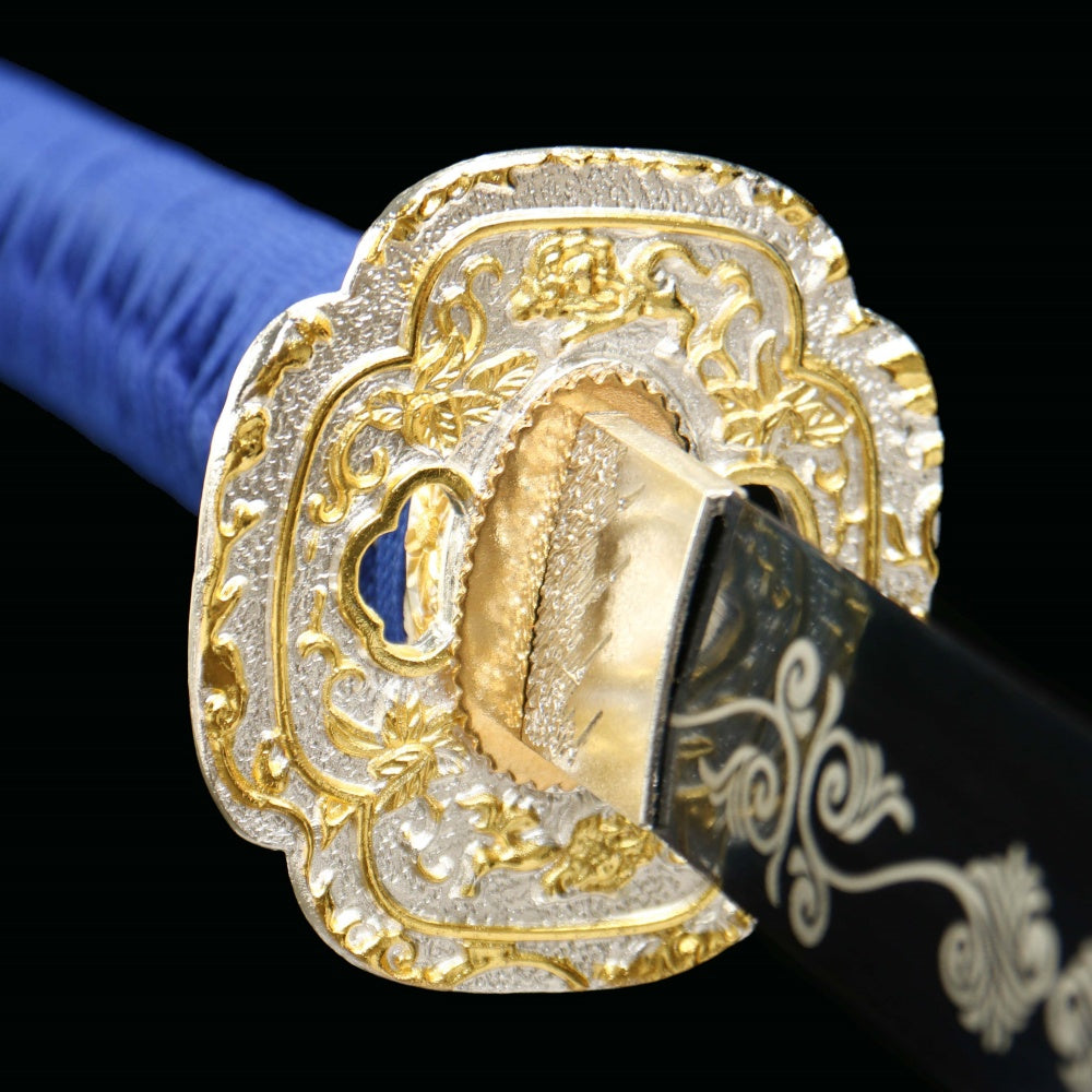 "Aoi Honō Cobalt Inferno" Katana - 28.3" Flame-Tempered 1065 High Carbon Steel | Anti-Corrosion Zinc Alloy | Charred Blue Bark Saya | 40.5" Fire Art Collection,Battle-ready katana