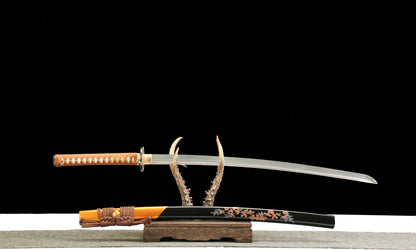 "Akiyama Crimson Harvest" Katana - 28.3" Autumn-Tempered 1065 Steel | Maple-Engraved Zinc Alloy | Wabi-Sabi Blue Bark Saya | 40.5" Seasonal Art Collection,Battle-ready katana