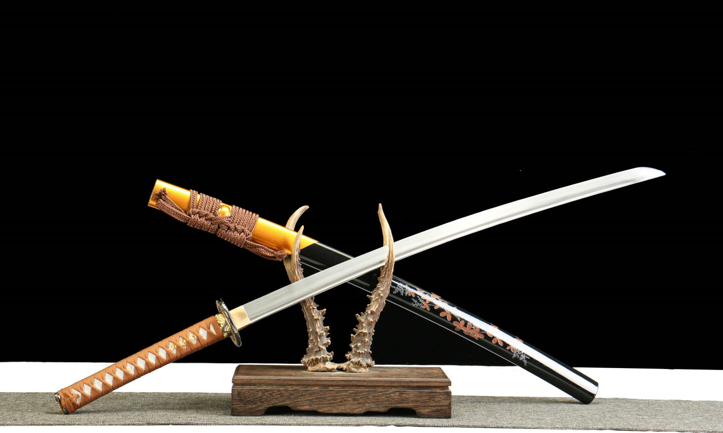 "Akiyama Crimson Harvest" Katana - 28.3" Autumn-Tempered 1065 Steel | Maple-Engraved Zinc Alloy | Wabi-Sabi Blue Bark Saya | 40.5" Seasonal Art Collection,Battle-ready katana