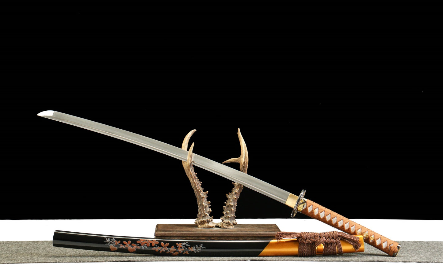 "Akiyama Crimson Harvest" Katana - 28.3" Autumn-Tempered 1065 Steel | Maple-Engraved Zinc Alloy | Wabi-Sabi Blue Bark Saya | 40.5" Seasonal Art Collection,Battle-ready katana