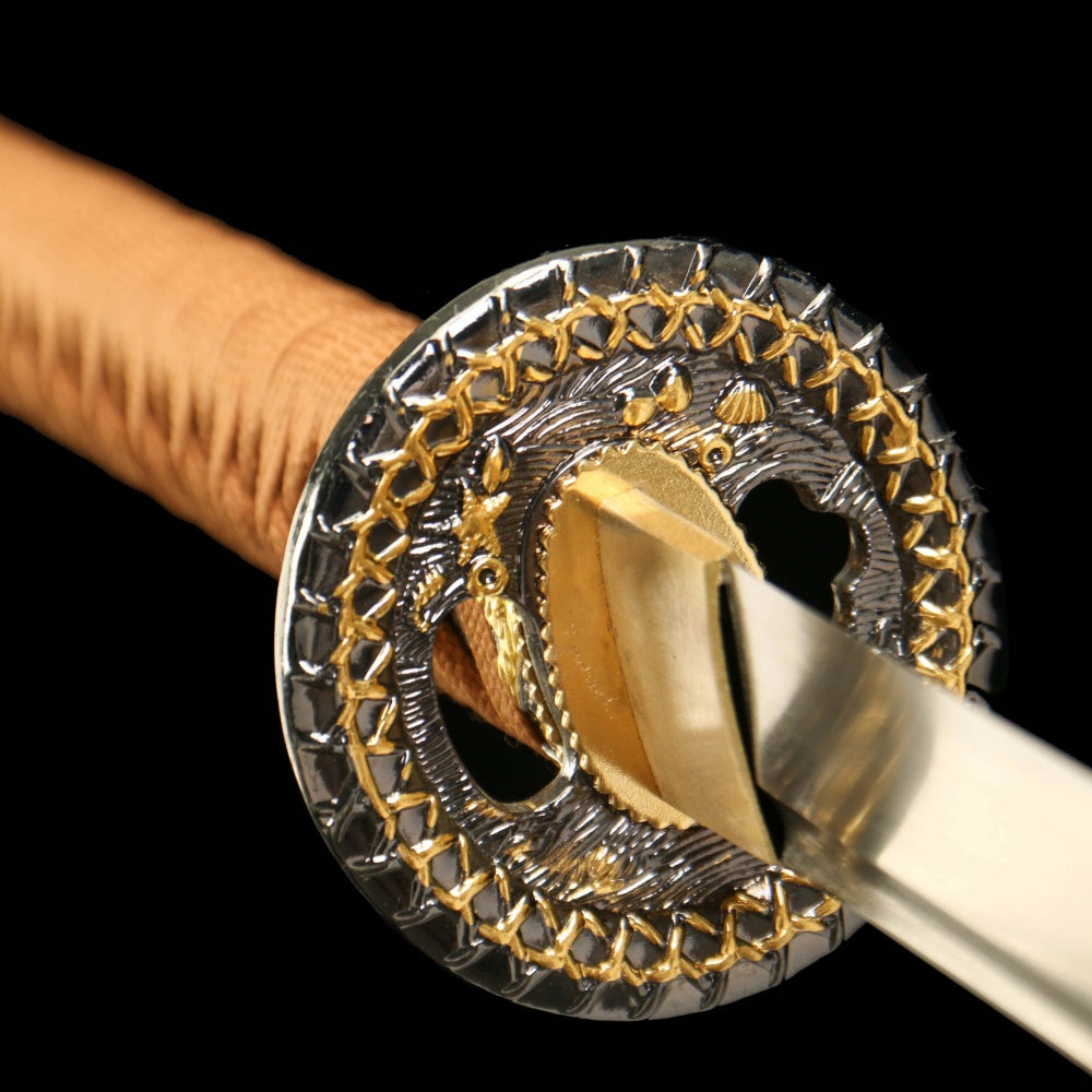 "Akiyama Crimson Harvest" Katana - 28.3" Autumn-Tempered 1065 Steel | Maple-Engraved Zinc Alloy | Wabi-Sabi Blue Bark Saya | 40.5" Seasonal Art Collection,Battle-ready katana