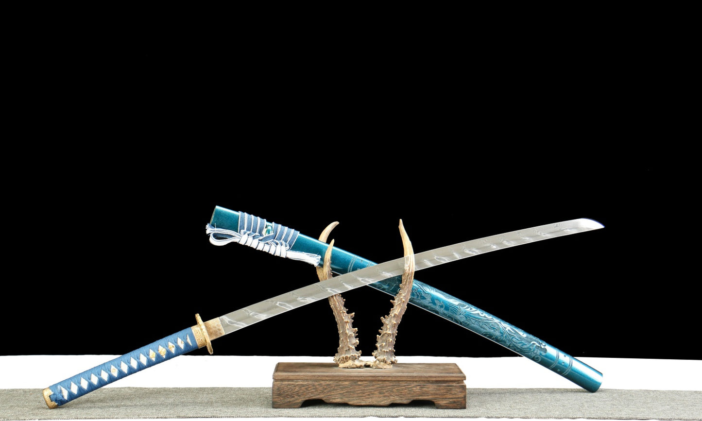 "Cosmic Anvil" Damascus Katana - 28.3" Twist Core Steel | Patina Copper Fittings | Celestial Wood Saya | Limited Edition Art Sword,Functional samurai sword