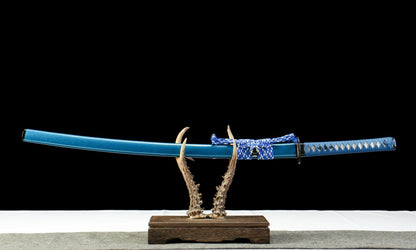 "Azure Tide" Damascus Clover Katana - 28.3" Wave Pattern Blade | Real Ray Skin Grip | Poseidon No.670,Functional samurai sword