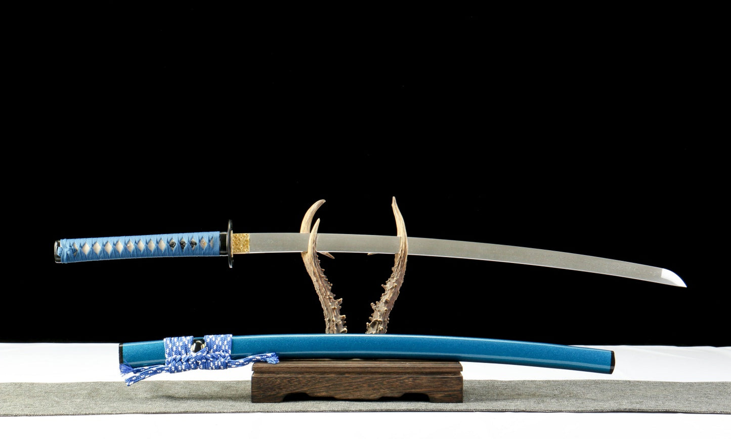 "Azure Flow" 28.3" Damascus Clover Pattern Katana | Chinese Pistache Scabbard & Genuine Ray Skin Handle | Iron Fittings | No.670Battle-ready katana