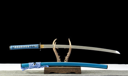 "Azure Tide" Damascus Clover Katana - 28.3" Wave Pattern Blade | Real Ray Skin Grip | Poseidon No.670,Functional samurai sword