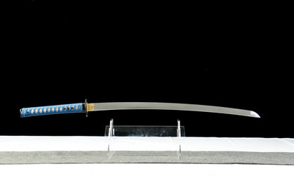 "Azure Flow" 28.3" Damascus Clover Pattern Katana | Chinese Pistache Scabbard & Genuine Ray Skin Handle | Iron Fittings | No.670Battle-ready katana