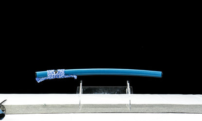 "Azure Flow" 28.3" Damascus Clover Pattern Katana | Chinese Pistache Scabbard & Genuine Ray Skin Handle | Iron Fittings | No.670Battle-ready katana