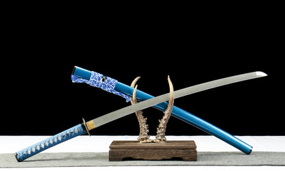 "Azure Tide" Damascus Clover Katana - 28.3" Wave Pattern Blade | Real Ray Skin Grip | Poseidon No.670,Functional samurai sword