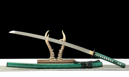 "Azure Ripple" Clover Damascus Katana | Iron Fittings & Genuine Ray Skin Handle | Hand-Forged No.670Battle-ready katana